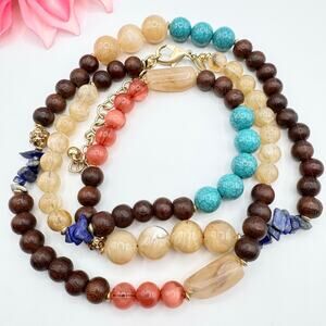 Chico’s Sodalite Acrylic Wood Faux Gem Bead Eclectic Single Strand Necklace 36”